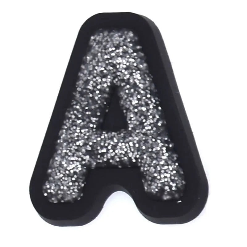 Shoe charm - A-Z CAPITAL LETTERS, Sparkle silver on Black