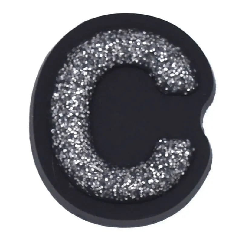 Shoe charm - A-Z CAPITAL LETTERS, Sparkle silver on Black