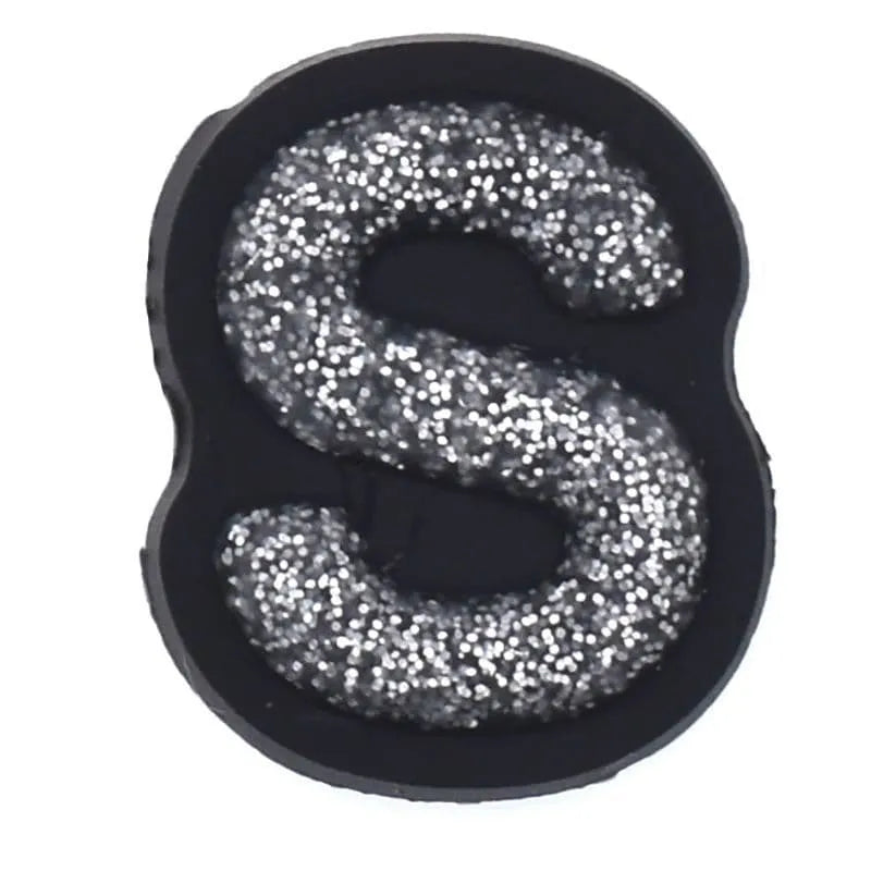 Shoe charm - A-Z CAPITAL LETTERS, Sparkle silver on Black