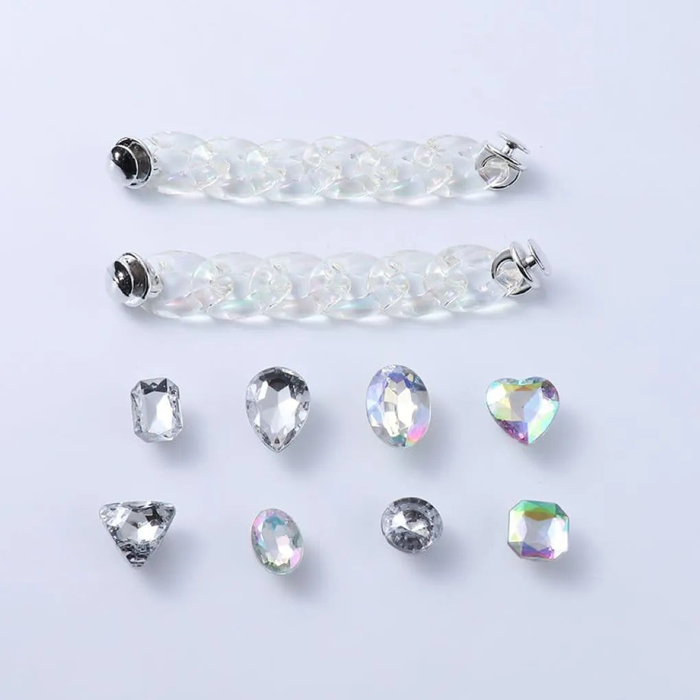 Shoe charms - 8 assorted gems & 2 Diamond white chains, diamond clear gems