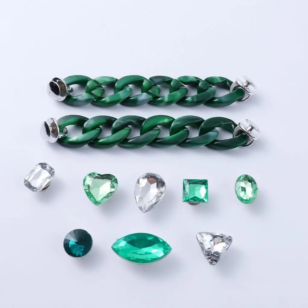 Shoe charms - 8 assorted gems & 2 Jade green chains, shades of green gems