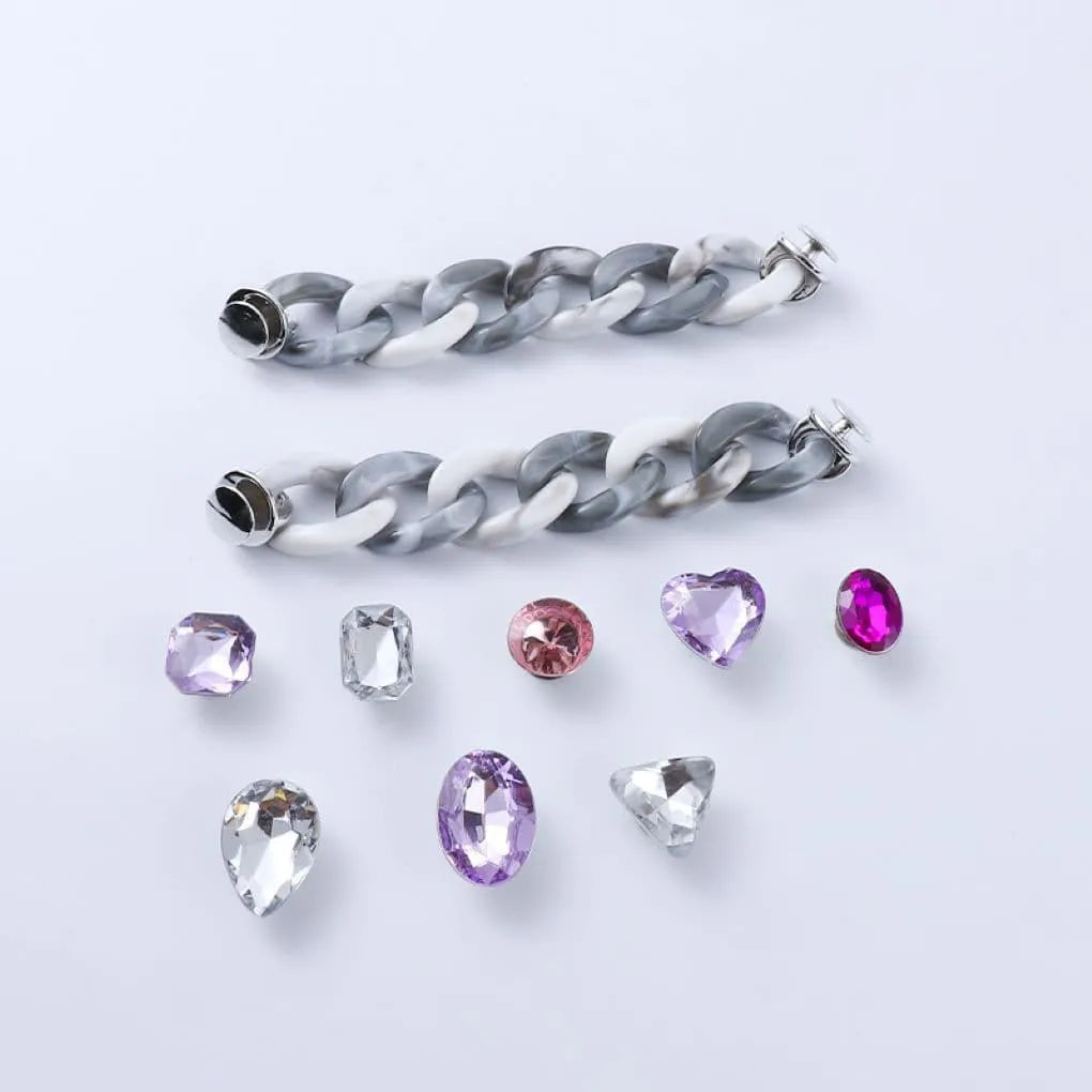 Shoe charms - 8 assorted gems & 2 Granite grey chains, shades of lilac, pink gems