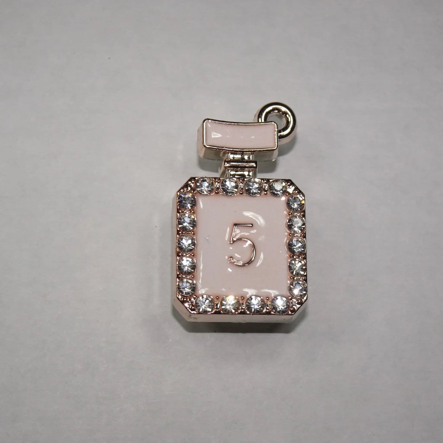 Shoe charm brooch - No 5 Perfume bottle pink on gold with diamonds