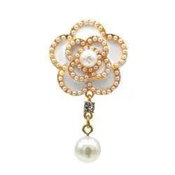 Shoe charm brooch - Flower white enamel pearls on gold with drop pearl