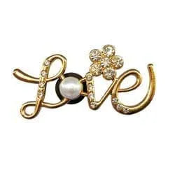 Shoe charm brooch - LOVE diamonds on gold with standing pearl