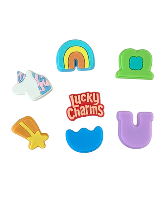 Set of 7 retro lucky shoe charms for Crocs including rainbow, unicorn, shooting star, horseshoe, crescent moon, clover hat and retro cereal logo charm — 90s nostalgia clog charm set UK