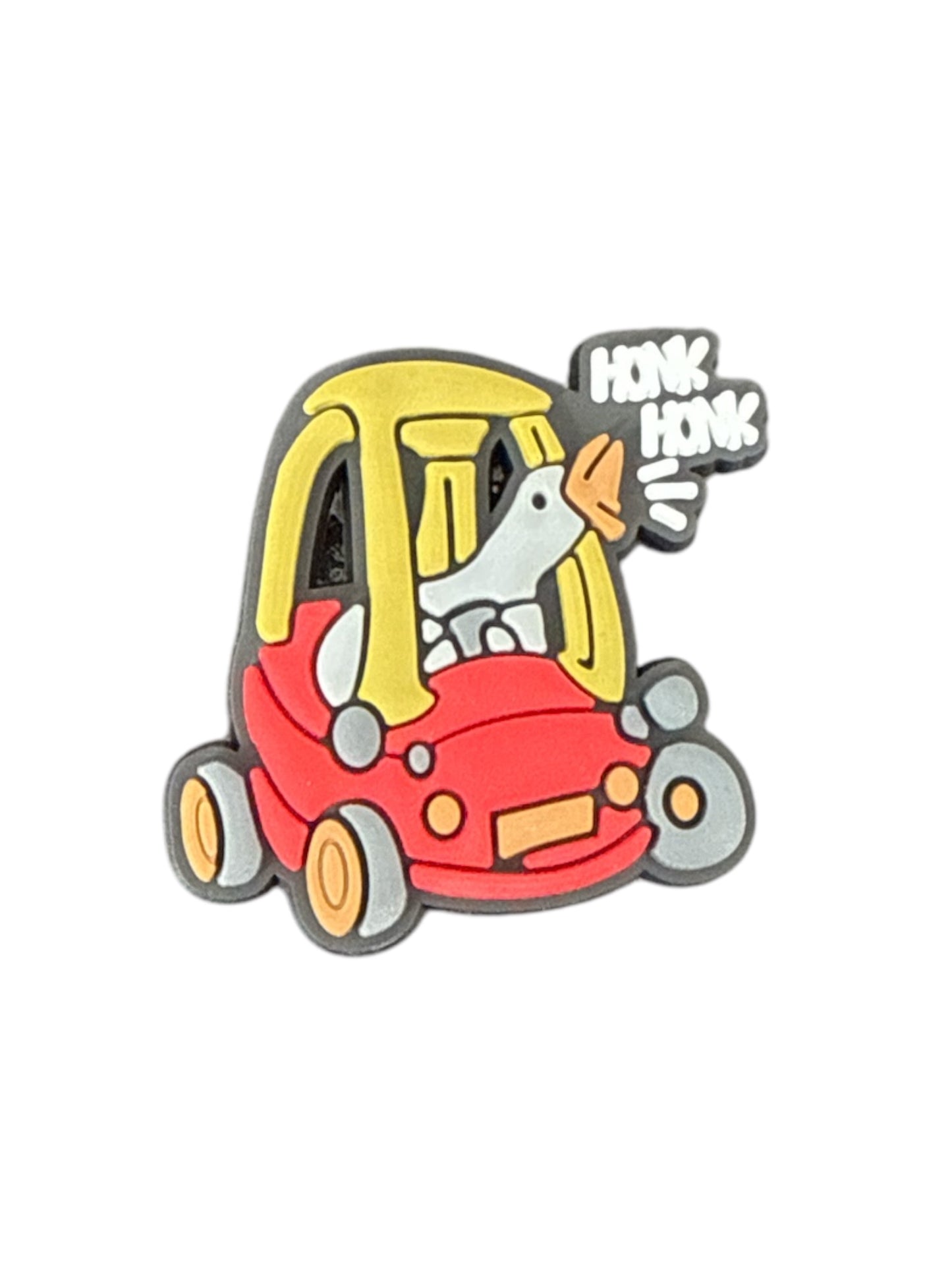 Funny silly goose meme driving red and yellow toy car shoe charm for Crocs — novelty animal clog charm compatible with all clog-style footwear UK