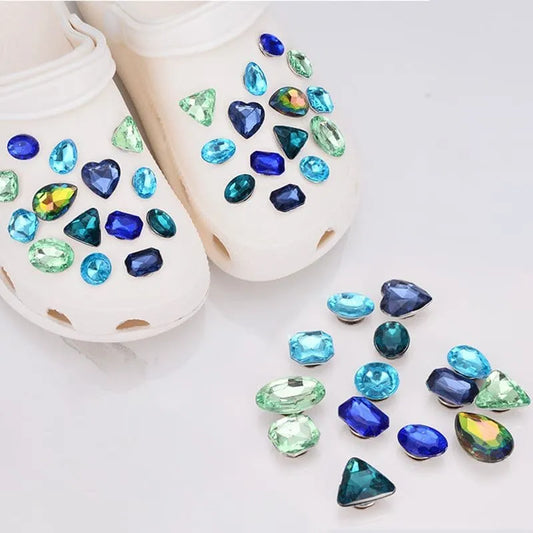 Shoe charms - 28 assorted gems blue, clear, ruby,tourquoise, pairs & fours