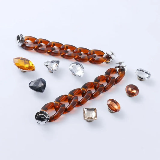 Shoe charms - 8 assorted gems & 2 Dark Honey chains clear