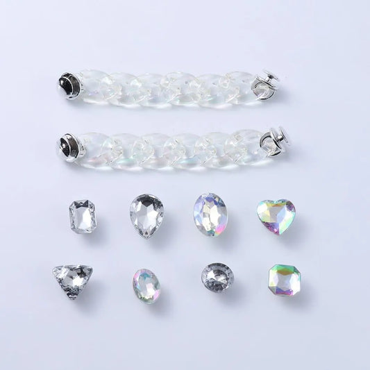 Shoe charms - 8 assorted gems & 2 Diamond white chains, diamond clear gems