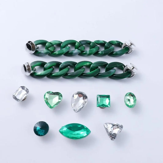 Shoe charms - 8 assorted gems & 2 Jade green chains, shades of green gems