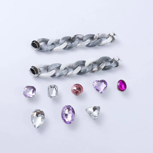 Shoe charms - 8 assorted gems & 2 Granite grey chains, shades of lilac, pink  gems