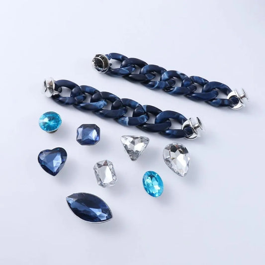 Shoe charms - 10 assorted gems & 2 Dark blue chains, shades of blue & Diamond gems