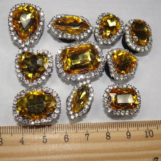 Shoe charms - Yellow Rhinestone Crystal gems  10 assorted shapes