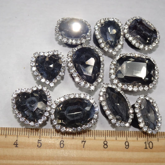 Shoe charms - Dark grey Rhinestone Chrystal gems  10 assorted shapes