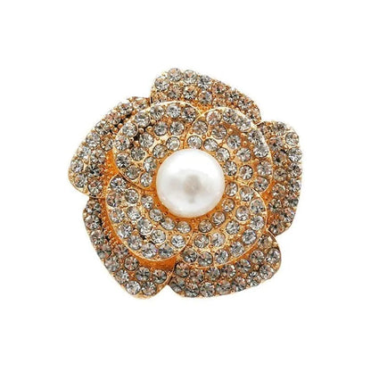 Shoe charm brooch - Rose motif gold with diamonds and standing pearl