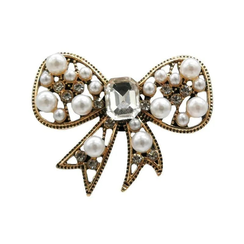 Shoe charm brooch - Ribbon bow gold with diamonds and pearls
