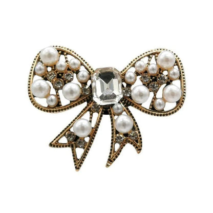 Shoe charm brooch - Ribbon bow gold with diamonds and pearls