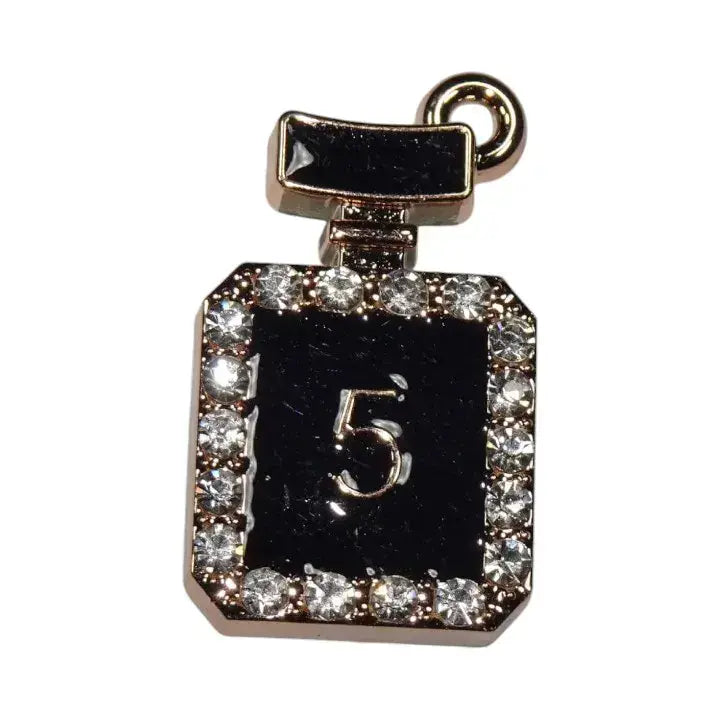 Shoe charm brooch - No 5 Perfume bottle black on gold with diamonds