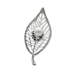 Shoe charm brooch - Leaf silver with standing pearl