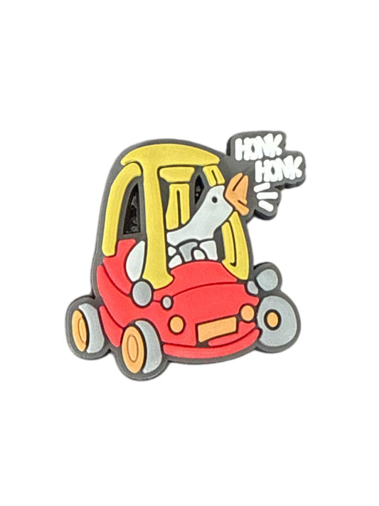 Funny silly goose meme driving red and yellow toy car shoe charm for Crocs — novelty animal clog charm compatible with all clog-style footwear UK