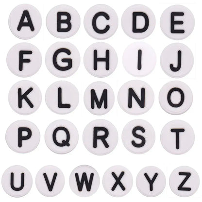 Shoe charm - A-Z  LETTERS, Round, Black on White